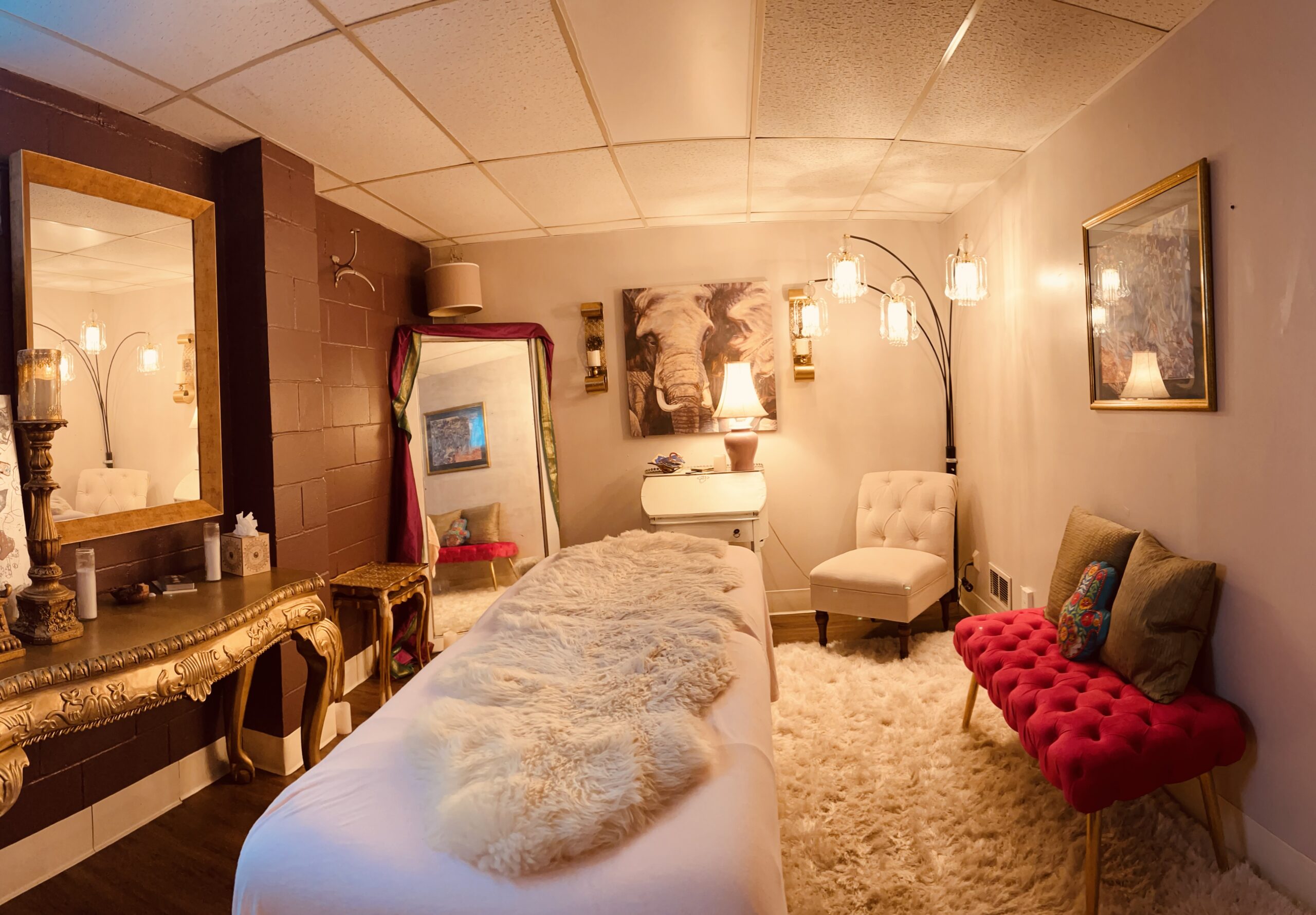Peaceful massage therapy room at House of Bliss Yoga in Mason, Ohio